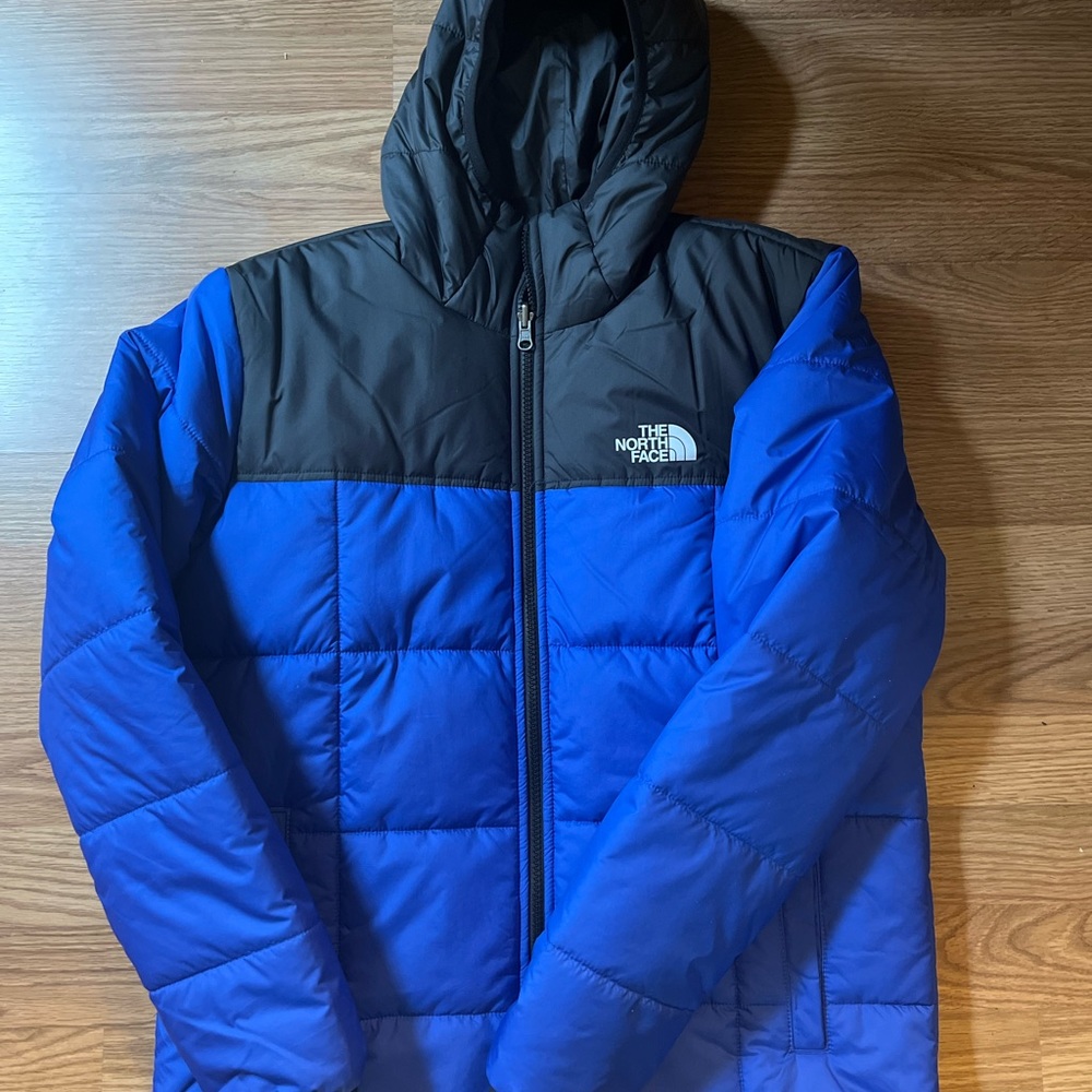 Boys youth xl reversible The North Face hooded jacket blue and black